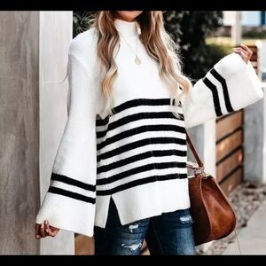 MOCK‎ NECK PULLOVER SWEATER OVERSIZED STRIPED BELL LONG SLEEVES